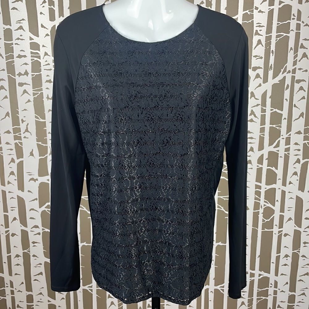 Ann Taylor Lace Front Slinky Back & Sleeves Top Black sz M - Picture 1 of 14